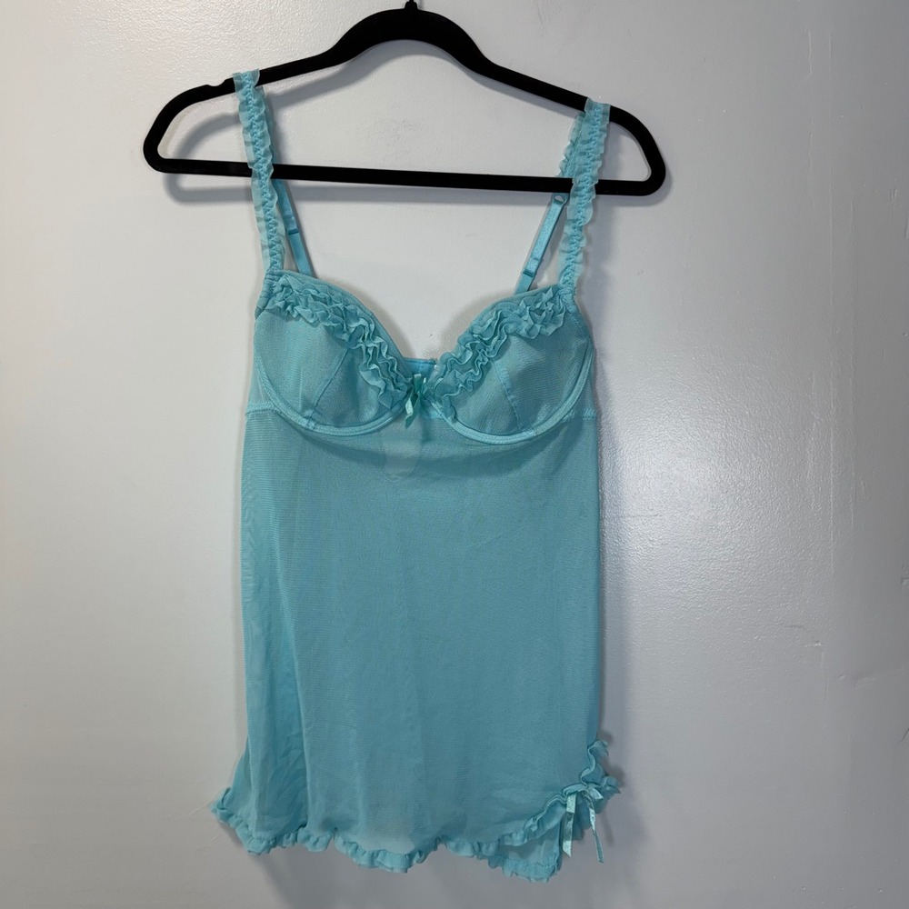 Rampage Y2K Blue Mesh Ruffle Babydoll Lingerie Top Size Large Coquette